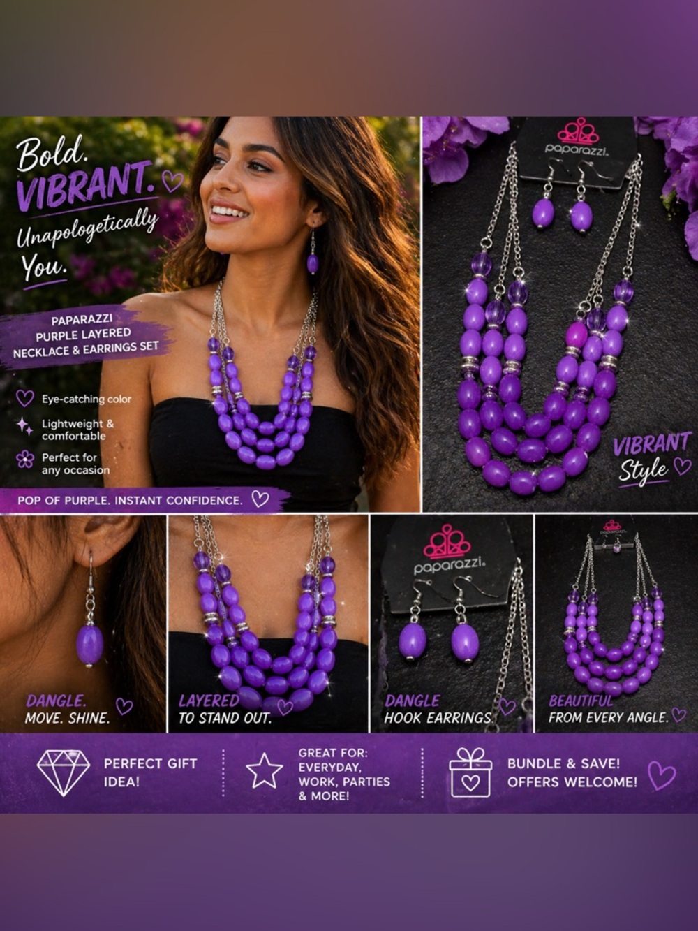 paparazzi Bold Purple Multi-Strand Beaded Necklace with Dangle Earrings